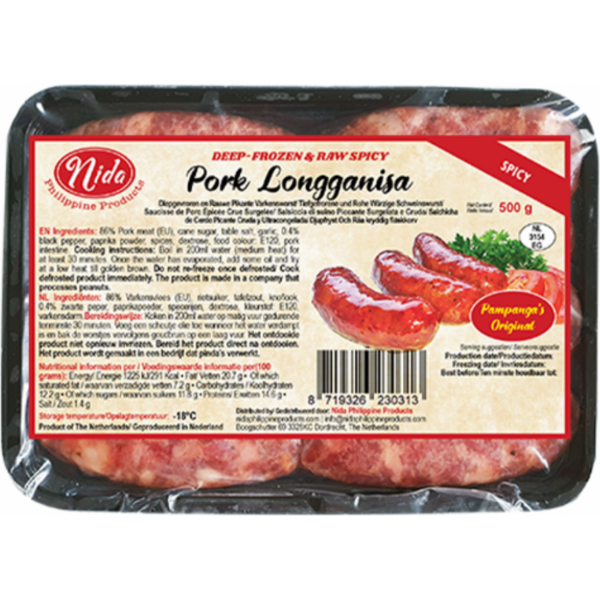 Nida Deep-frozen & Raw Spicy Pork Longganisa ( spicy )500g